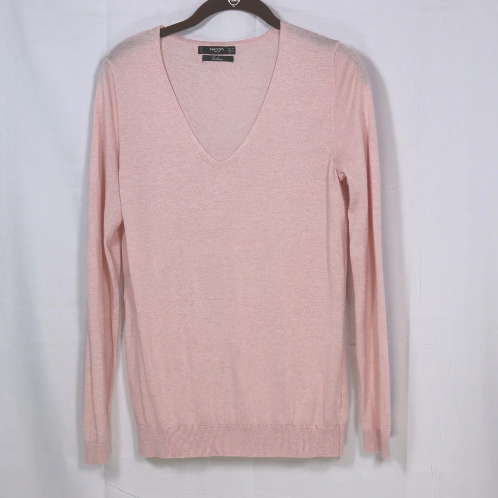 Mango V-Neck Sweater Womens Small Pink Cashmere Lightweight Basics Knit
